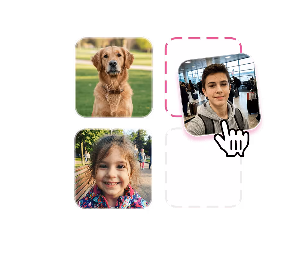 Photos of a dog, a girl, and a boy, with a dashed slot and a hand tapping it to add one more